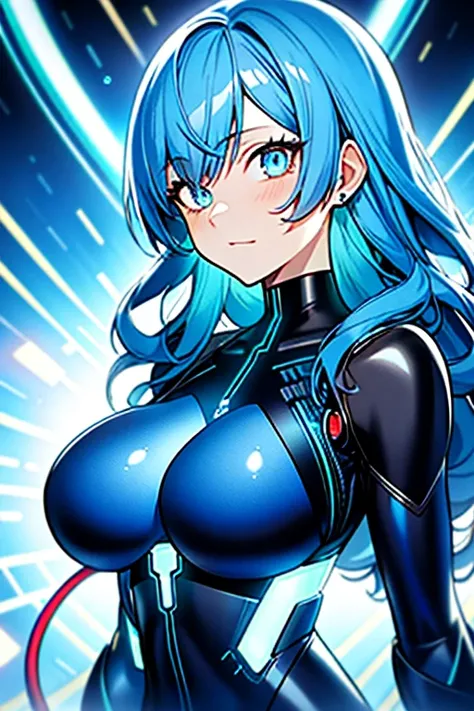 ((masutepiece)),(Best Quality),(Detailed),(1girl in),Glowing blue hair, Blue glowing eyes, Wavy Hair, body suit, android, Data Stream, cables, wires, Charging, Digital Chain, Large breasts, gazing at viewer , breast closeup