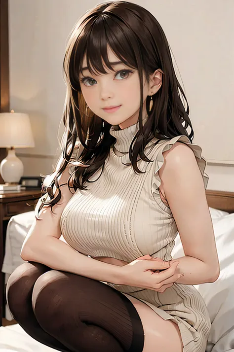 (Light Beige Turtleneck Sleeveless Knit)、pencil skirts、20 year old girl, breasts of medium size,, Tron bulge in the chest、Pinch your chest with your arms、brown haired、Long Wave Hair,Squatting on your knees、hotels room, a necklace、Earring、knee high stocking...