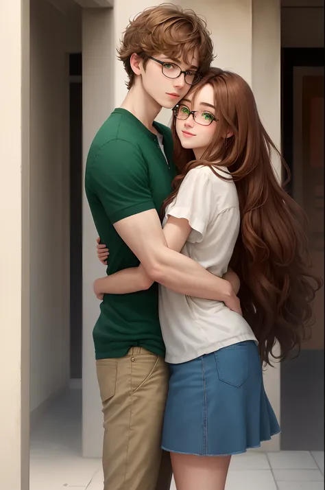 Guy with brown fluffy hair with round glasses and green eyes hugging a taller girl with long brown hair and hazel eyes