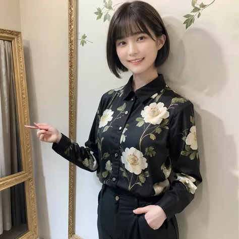 91
(a 20 yo woman,is standing), (A hyper-realistic), (masutepiece), ((short-hair:1.46)), (Smooth black hair), (Breast:1.0), wear long pants, (Wearing a long-sleeved shirt with a floral print), (painterly、picture frame), (kindly smile)