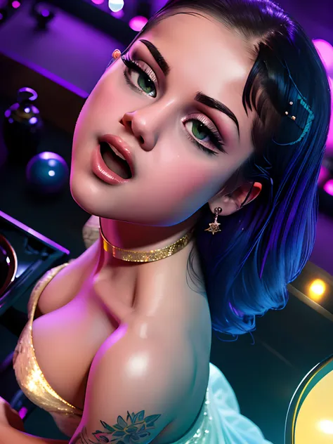 (masterwork:1.1), (photorealism:1.1), ((high angle POV:1.4)), (1bimbo), (looking up to camera:1.2), ((Selena Gomez)), whole arm tattoo, flushed, alternative woman, (open mouth), (luxury dress:1.1), golden chocker, detailed photograph, high detailed, HDR, s...