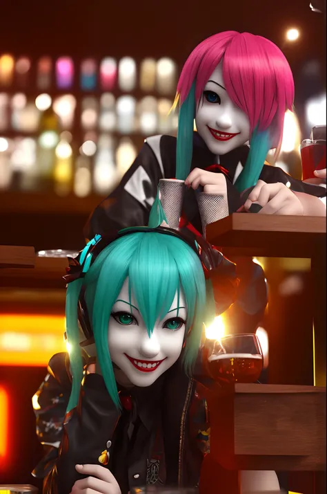 Hatsune miku dressed as a clown, Sleeping drunk in a bar, View from the table, 3D