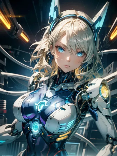 ((masutepiece)),(Best Quality),(Detailed),(1girl in),Glowing blonde false hair, Eyes glow blue, Wavy Hair, Silver latex bodysuit, android, Data Stream, cables, wires, Charging, Digital Chain, Large breasts, gazing at viewer , breast closeup,mecha musume,me...