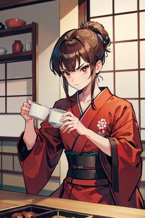 A muscular brown haired male samurai with red eyes in a kimono is drinking hot tea in a japanese kitchen