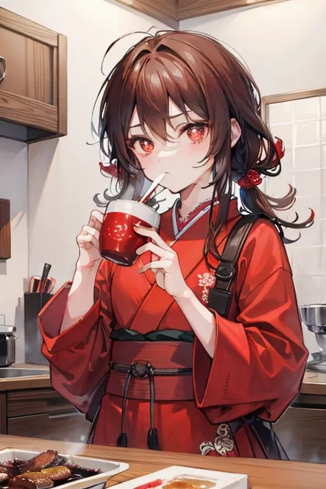 A brown haired male with red eyes is drinking hot tea in a japanese kitchen