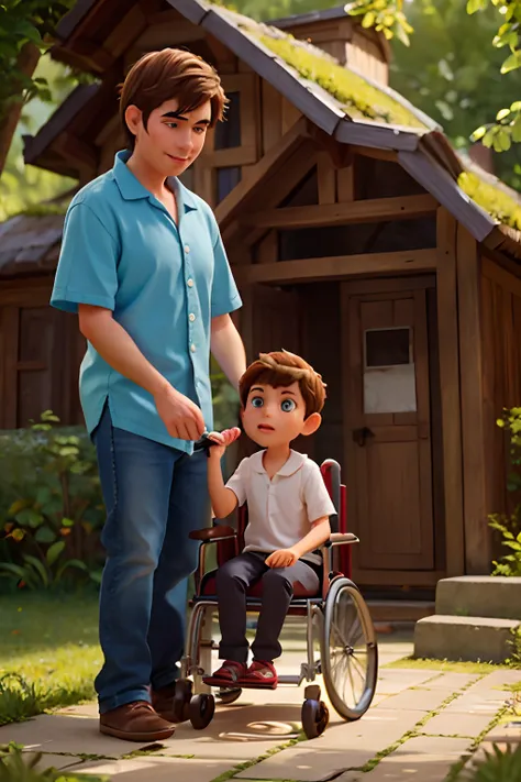 A boy in a wheelchair with his enchanted parents from a fairy tale sitting in a Brazilian village, oil painting, detailed characters, vibrant colors, magical lighting, realistic details