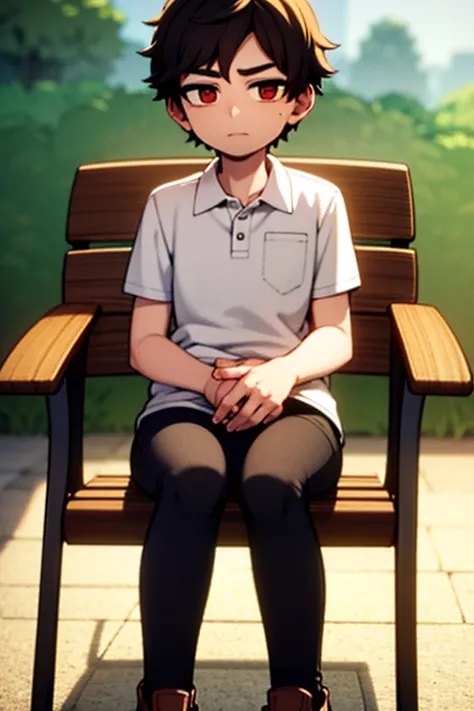 A brown haired male student with red eyes is sitting back in a chair in the afternoon sun