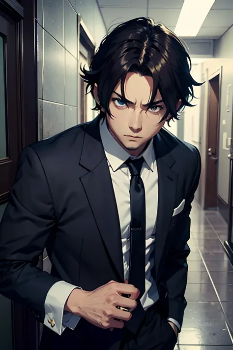 realistic style, Anime guy in a suit and tie standing in a hallway, irritado, serious face, um retrato de personagem inspirado em Okumura Masanobu, trending on pixiv, Shin Hanga, homem bonito anime, pose de anime bonito, em um terno estrito, cara bonito na...