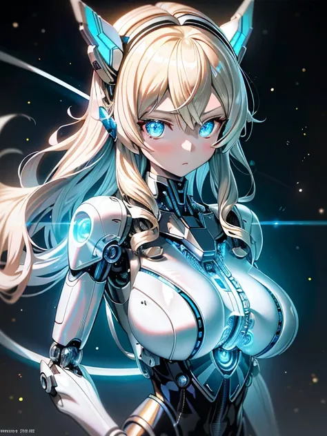 ((masutepiece)),(Best Quality),(Detailed),(1girl in),Shiny blonde false hair, Eyes glow blue, Wavy Hair, Silver Latex Bodysuit, android, Data Stream, cables, wires, Charging, Digital Chain, Large breasts, gazing at viewer , breast closeup,mecha musume,Mech...