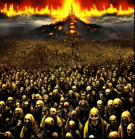 The artistic image of massacreing sinner people in the hell by satan (the suffering and fear of the people should be clear) (red, black and yellow colors should be used a lot) (the atmosphere of the photo should be apocalyptic and frightening)