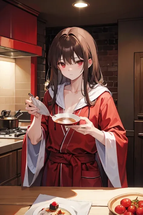 A brown haired muscular man with red eyes  in a robe  is drinking tea in a kitchen