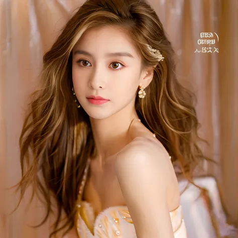 1girl, Kpop idol, American mixed with Latina race, really Curly light brown hair with blonde highlights, shoulder length hair, hazel brown eyes, sexy look, Cover photo, Soft light, half body shot, Beige fluffy Balletcore corset dress, pastel yellow aesthet...