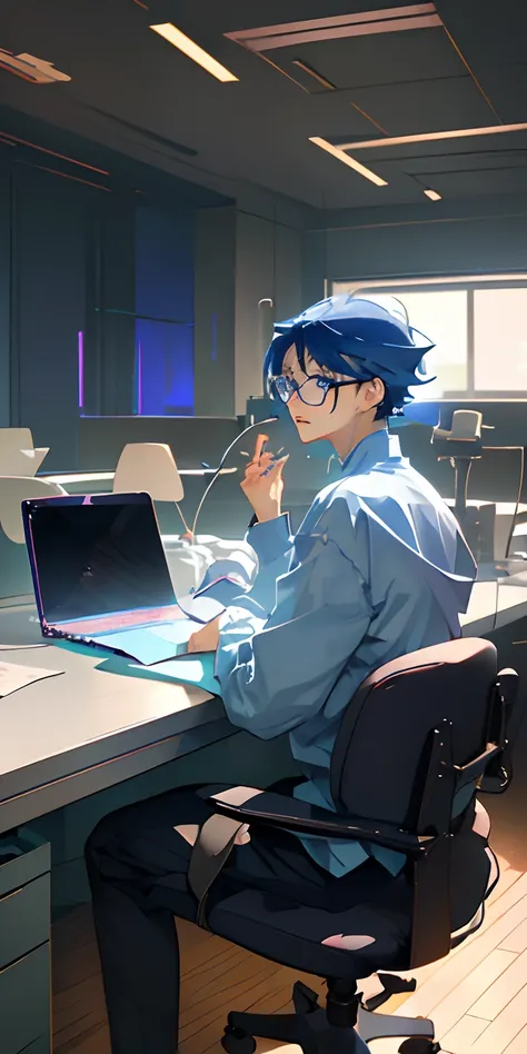 A blue haired anime man sitting at a desk, in front of hims he has a laptop. He has round glasses on, and a soft blue eyes.