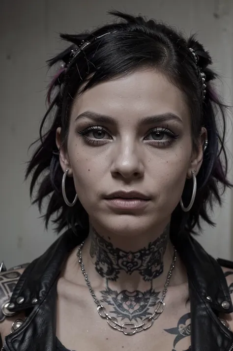 A rebelliously charming punk girl, her vibrant personality shines through her edgy appearance: a spiky, multi-colored hairdo, adorned with numerous piercings and bold tattoos covering her arms. The image is a striking black and white portrait, capturing he...