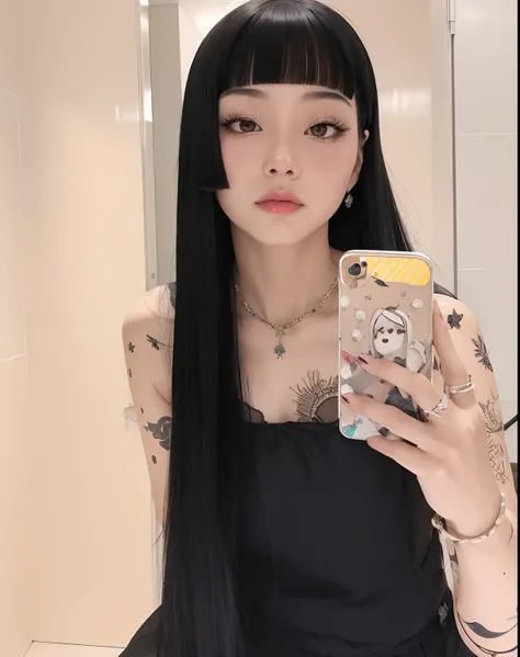 there is a woman with long black hair taking a selfie, O corte Hime, preto hime corte cabelo, Ela tem cabelo preto com franja, Ulzzang, cabelo blackbangs cabelo, cabelo comprido com franja completa, cruel korean goth girl, cabelos longos com franja, cabelo...