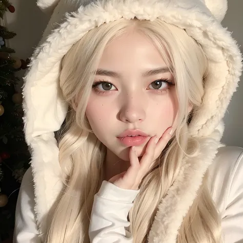 Blonde woman with long hair wearing a white bear hat, Ulzzang, wan adorable korean face, menina perfeita de cabelos brancos, pale snow white skin, Parque Roseanne do Blackpink, menina coreana, com longos cabelos brancos, com cabelos longos brancos, muito b...