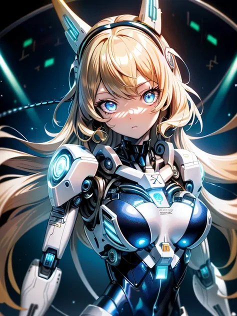 ((masutepiece)),(Best Quality),(Detailed),(1girl in),Shiny blonde false hair, Eyes glow blue, Wavy Hair, Silver Latex Bodysuit, android, Data Stream, cables, wires, Charging, Digital Chain, Large breasts, gazing at viewer , breast closeup,mecha musume,Mech...