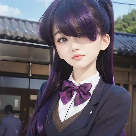 A realistic purple haired girl, exact same hairstyle,Realistic Japanese beautiful face, realistic cool expression, adapt exactly the same clothes, realistic light, realistic background, realistic shadows,Realistic outdoors