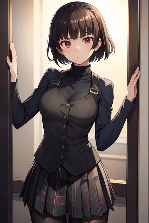 makotonijima, makoto nijima, blunt bangs, braid, brown hair, crown braid, (red eyes:1.3), short hair,
break black pantyhose, bla...