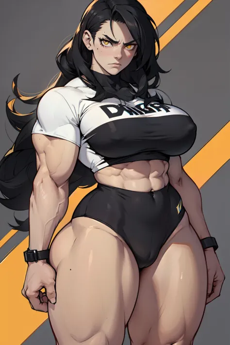 pale skin very long hair 1 girl black hair yellow eyes angry (((1 girl muscular toned body))) bodybuilder curvy wide hips thick thighs tight shirt huge tits