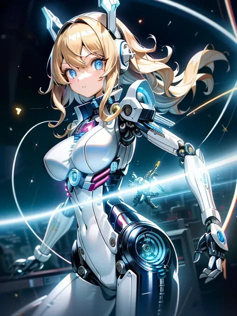 ((masutepiece)),(Best Quality),(Detailed),(1girl in),Shiny blonde false hair, Eyes glow blue, Wavy Hair, Silver Latex Bodysuit, android, Data Stream, cables, wires, Charging, Digital Chain, Large breasts, gazing at viewer , breast closeup,mecha musume,Mech...