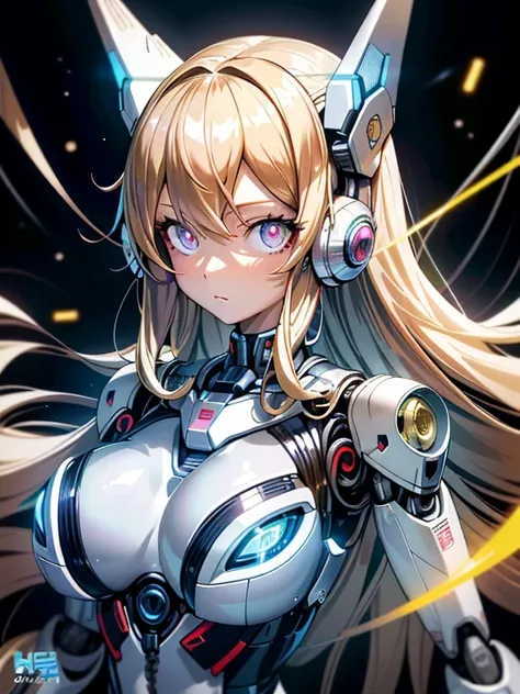 ((masutepiece)),(Best Quality),(Detailed),(1girl in),Shiny blonde false hair, Eyes glow blue, Wavy Hair, Silver Latex Bodysuit, android, Data Stream, cables, wires, Charging, Digital Chain, Large breasts, gazing at viewer , breast closeup,mecha musume,Mech...