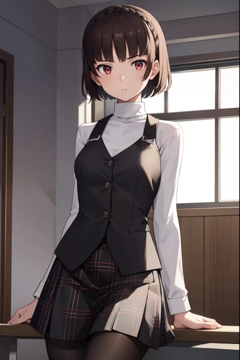 makotonijima, makoto nijima, blunt bangs, braid, brown hair, crown braid, (red eyes:1.3), short hair,
BREAK black pantyhose, black skirt, black vest, bow, checkered clothes, checkered skirt, long sleeves, miniskirt, pantyhose, plaid, plaid skirt, pleated, ...