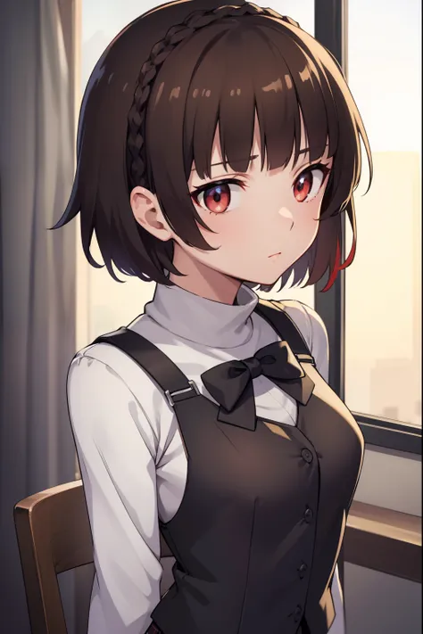 makotonijima, makoto nijima, blunt bangs, braid, brown hair, crown braid, (red eyes:1.3), short hair,
break black pantyhose, bla...