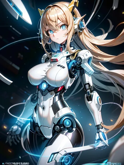 ((masutepiece)),(Best Quality),(Detailed),(1girl in),Shiny blonde false hair, Eyes glow blue, Wavy Hair, Silver Latex Bodysuit, android, Data Stream, cables, wires, Charging, Digital Chain, Large breasts, gazing at viewer , breast closeup,mecha musume,Mech...