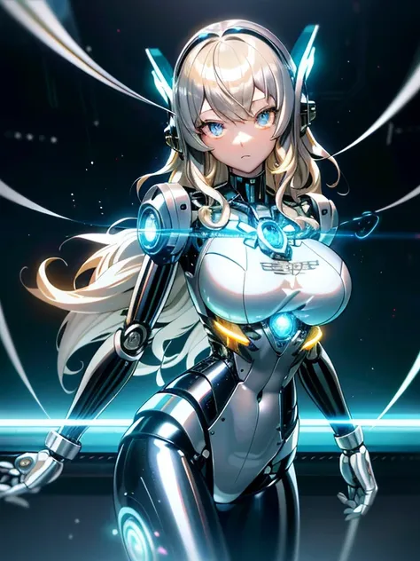 ((masutepiece)),(best quality),(detailed),(1girl in),shiny blonde false hair, eyes glow blue, wavy hair, silver latex bodysuit, ...