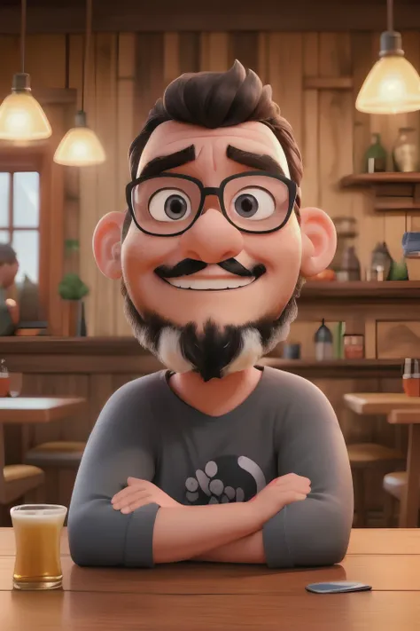 a pixar style 3d half-body portrait of a man with brown-skinned, black t-shirt, black hair, black eyes, and a beard, who is wear...