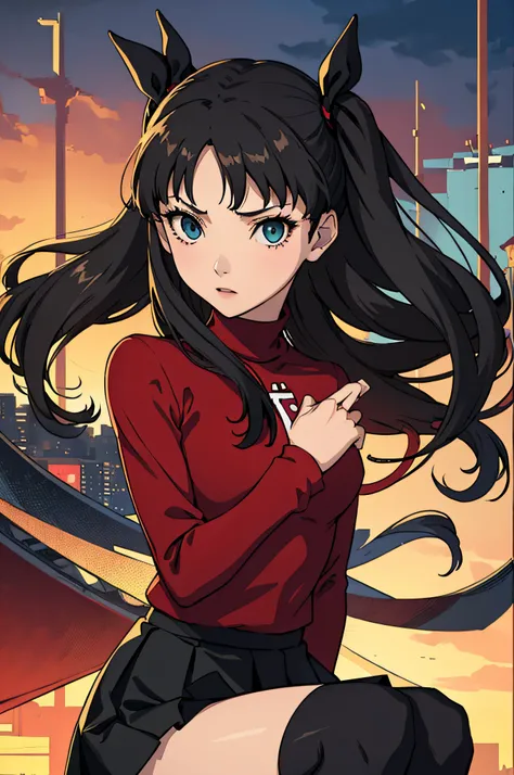 (masterpiece), best quality, expressive eyes, perfect face, 1girl, solo, rintohsaka, rin tohsaka, aqua eyes, black hair, hair ribbon, long hair, ribbon, sidelocks, two side up, black skirt, black thighhighs, long sleeves, miniskirt, pleated skirt, ((red sw...