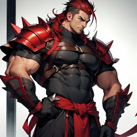 Massive guy, extremely muscular, looks protective and possessive, black hair and red hair, seductive, wearing spiky armor, large muscles, big bulge