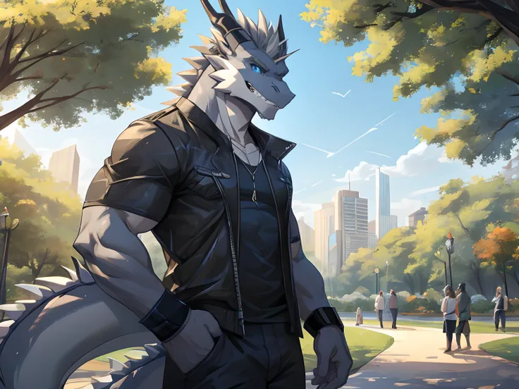 Masterpiece,Cool Pose, Furry Gray Dragon, Muscular Body, Blue Eyes, Grey Medium Hair, Teeth, Casual Set, Casual Clothes, Fierce, Good looking, Cool Pose, Park Background.