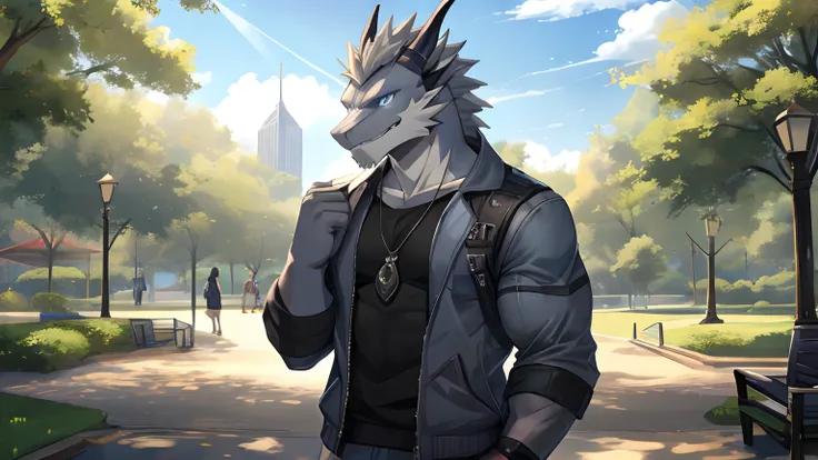 Masterpiece,Cool Pose, Furry Gray Dragon, Muscular Body, Blue Eyes, Grey Medium Hair, Teeth, Casual Set, Casual Clothes, Fierce, Good looking, Cool Pose, Park Background.