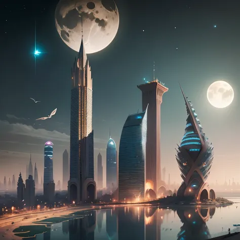 The architecture of Egypt on the planet Mars in the year 2500, with towers of many floors, smart and modern planes, and modern buildings with technologies and decorations. There is a sky and a moon at night, from a bird’s eye perspective. --auto --s2