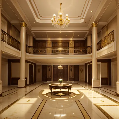 interior design of luxurious marrble and golden mansion, empty living room, fhd, photorealistic