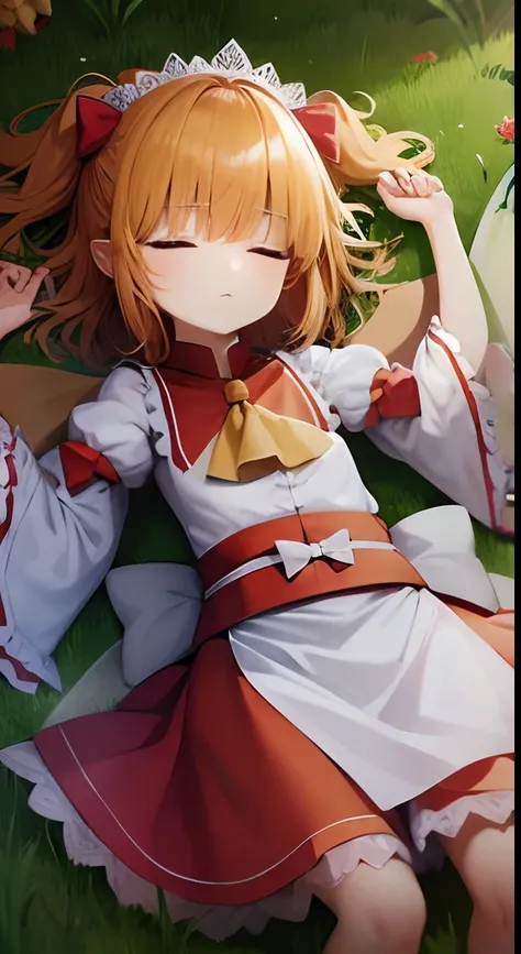 sunny milk, orange hair, two side up, short hair, headdress, red bow, white shirt, yellow ascot, juliet sleeves, wide sleeves, puffy short sleeves, sash, red skirt, fairy wings, sleeping, sleeping outside, sleeping in grass