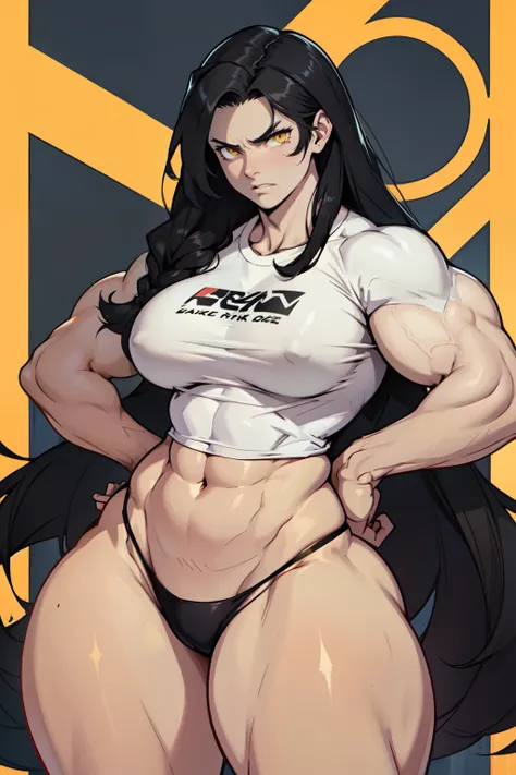 pale skin very long hair 1 girl black hair yellow eyes angry (((1 girl muscular toned body))) bodybuilder curvy wide hips thick thighs tight shirt huge tits