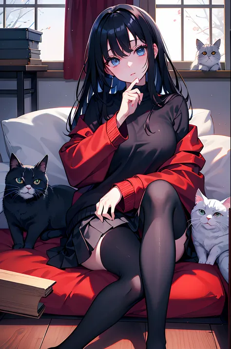 A dark-haired　blue eyess　a miniskirt　Sweaters　Red coat　Black tights　Japanese houses　in a house　Cuddle the cat　​masterpiece　Top image quality　Clear Parts Cinematic Shadows　Increased attractiveness of the eyes　Clear the shine of the eyes　Draw eyelashes neatl...