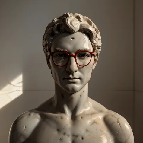 A close-up of a marble sculpture of Head of Michelangelos David with 3d red glasses, illuminated by a frontal spotlight against a white background. photorealistic