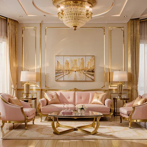 luxury futuristic  style living room decorated in golden and pink pastel color, photorealistic