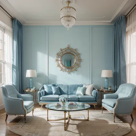 luxury futuristic  style living room decorated in white and blue pastel color, photorealistic