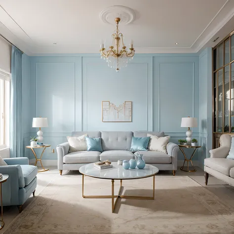 luxury futuristic  style living room decorated in white and blue pastel color, photorealistic