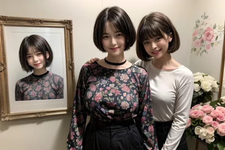 92
(a 20 yo woman,is standing), (A hyper-realistic), (masutepiece), ((short-hair:1.46)), (Smooth black hair), (Breast:1.0), wear long pants, (Wearing a long-sleeved shirt with a floral print), (painterly、picture frame), (kindly smile), (Keep your mouth shu...