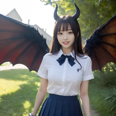 (((masutepiece、top-quality)))((1 schoolgirl、White short-sleeved shirt、Red ribbon on chest、Navy skirt、high-school uniform))、((Huge and intricate demon wings,Wings with a very elaborate texture,Wings with a very complex texture,Creature wings with a very rea...