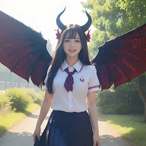 (((masutepiece、top-quality)))((1 schoolgirl、White short-sleeved shirt、Red ribbon on chest、Navy skirt、high-school uniform))、((Huge and intricate demon wings,Wings with a very elaborate texture,Wings with a very complex texture,Creature wings with a very rea...