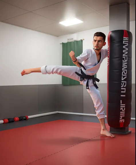 there is a man standing com barba in a taekwondo pose with a black belt, vestindo um gi branco, postura poderosa, posando pronto...