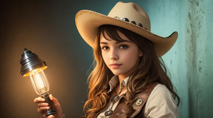 Girl in a cowboy hat holding a flashlight, segurando uma lanterna, vaqueira, Menina sob lanterna, Cowgirl ocidental, vestido como um xerife ocidental, vaca-Menina, jovem Menina em roupas steampunk, Female cowgirl, Menina, Directed by: Linda Sutton, barnet,...