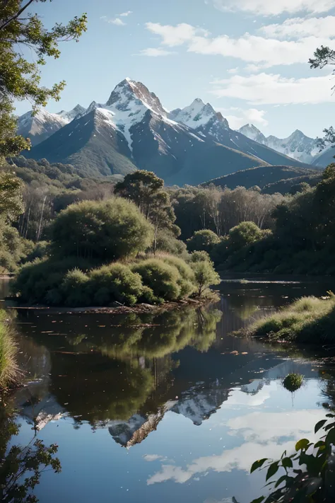 Snowy Mountains, utopian Swamp, Jungle, Water, Small island, realistic, solid ground area in lower part of picture